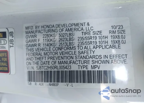 2024 Acura Rdx Technology Package from USA, damaged, VIN 5J8TC2H50RL005423